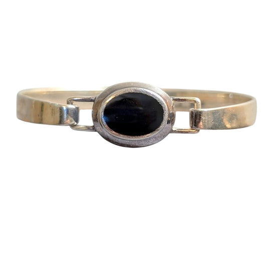 Vintage 925 Sterling Silver Black Inlaid Onyx Hook Bangle Bracelet
