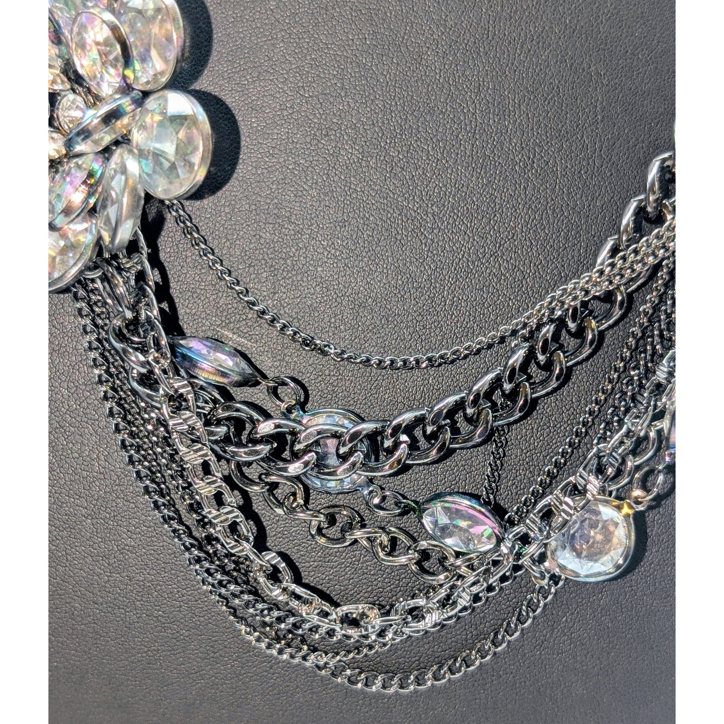 Simply Vera Wang Multi Strand Gun Metal/Black Chain Crystal Flower Necklace