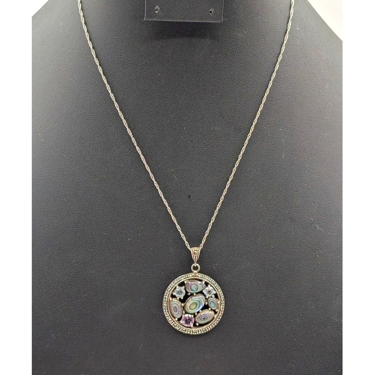 Vtg 925 Sterling Silver SLC Thailand Abalone Gemstone Marcasite Pendant Necklace
