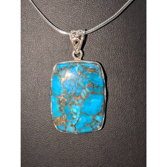 VTG 925 Sterling Silver Copper Turquoise Pendant on Sterling 18" Cable Wire