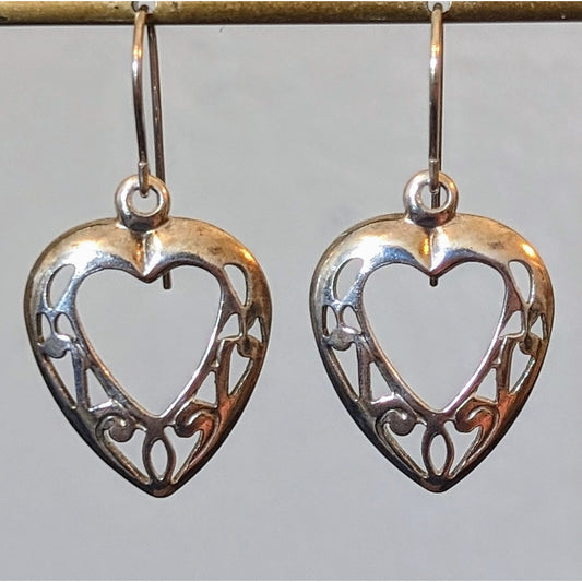 Vintage Marked Sterling Silver Open Heart Dangle Earrings