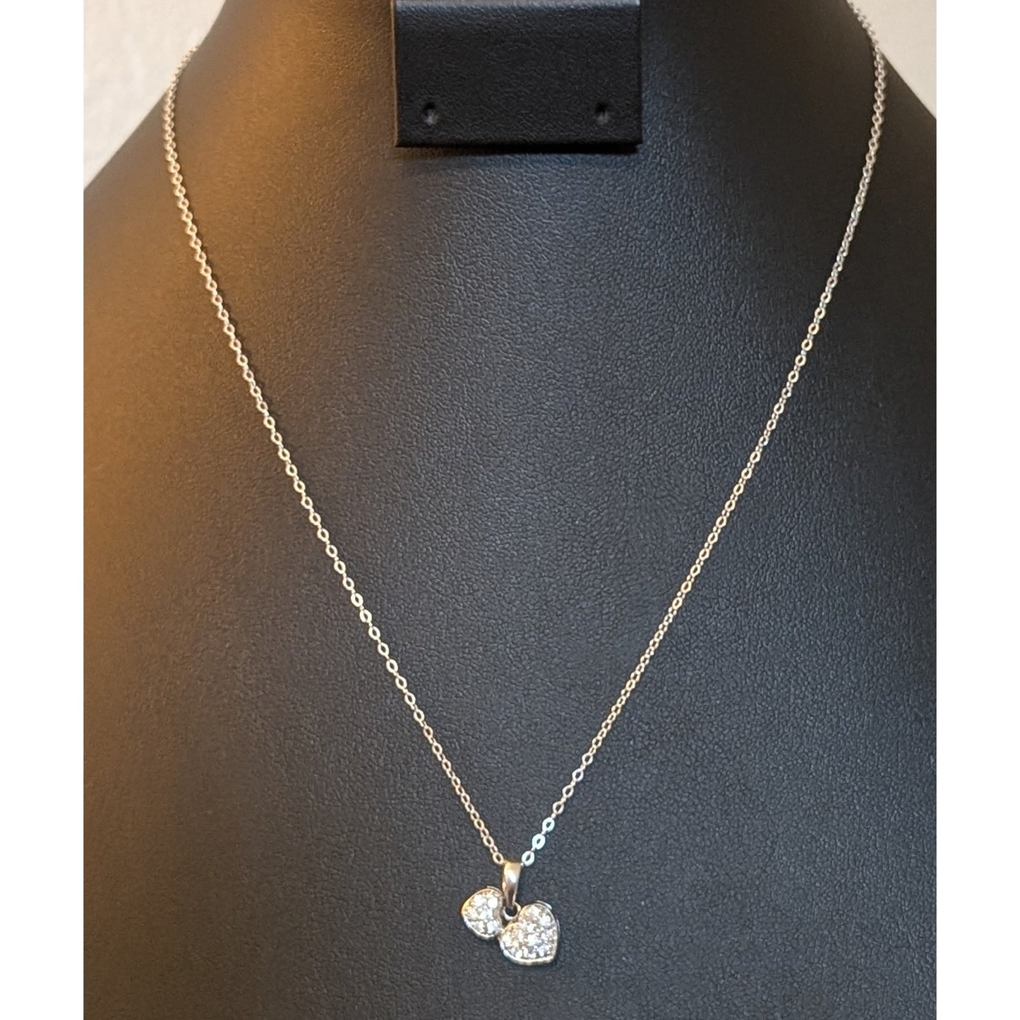 Two Pave CZ Heart 925 Sterling Silver Pendant 18" Necklace