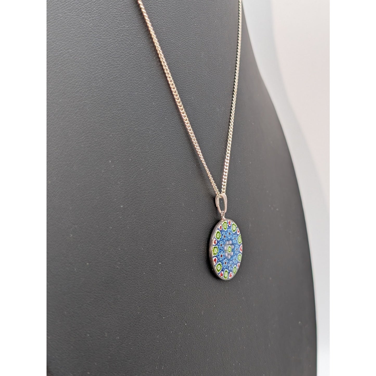 Signed M Italy 925 Murano Glass Millefiori Pendant 20" Sterling Chain Necklace