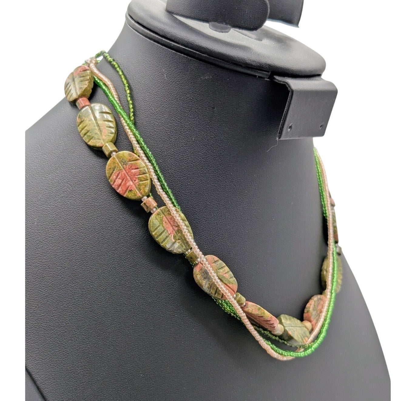 925 Sterling Silver Carved Unakite Stone Multi-Strand Seed Bead Necklace