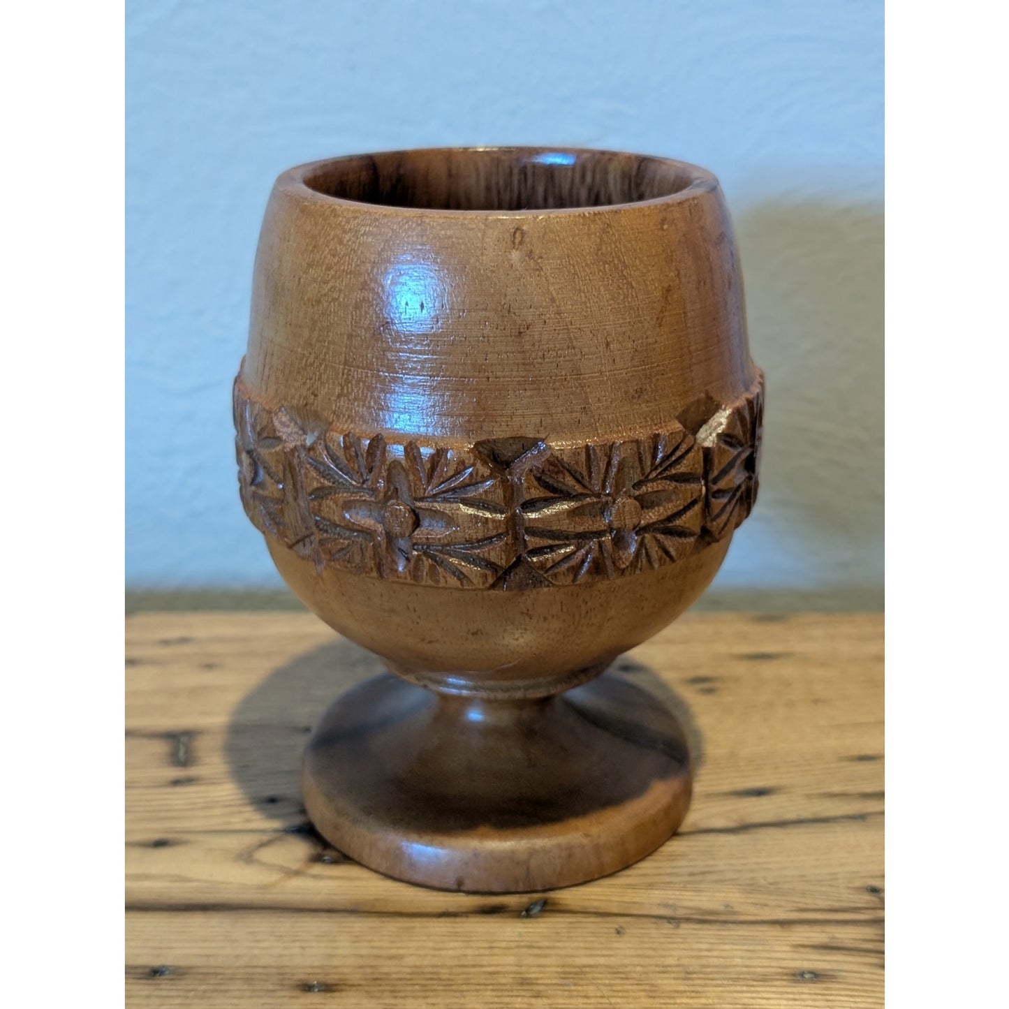 Vintage Wood Hand Carved Floral Design Goblet/Chalice Made In Philippines