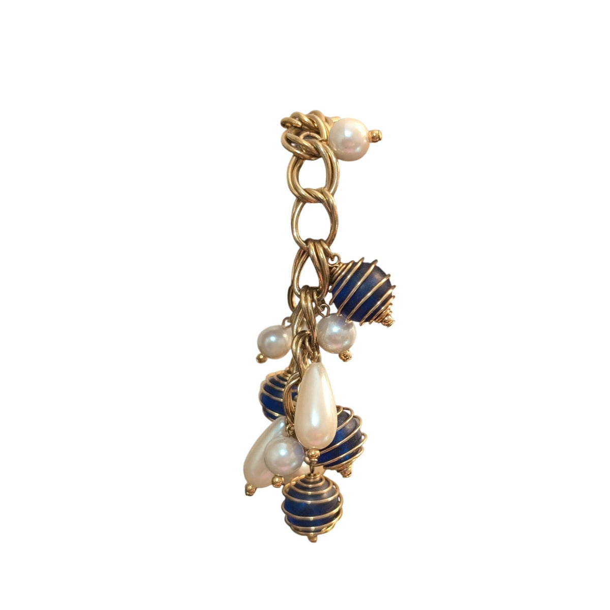 Vintage 1980s Gold Tone Double Link Blue Cage Ball Faux Pearl Toggle Bracelet