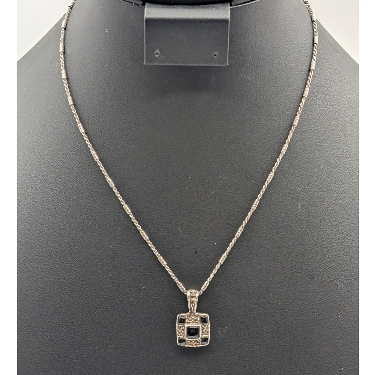Vtg 925 Sterling Checkerboard Black Onyx Marcasite Pendant Bar Chain Necklace
