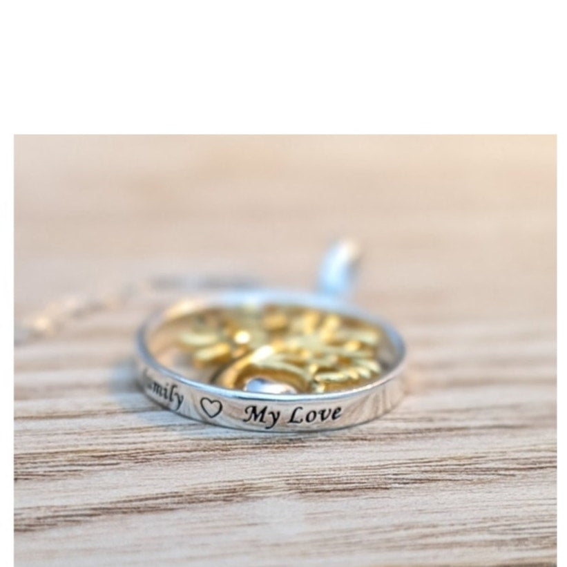 925 Sterling Silver Two Tone Tree of Life Heart 'My Family My Love' Necklace