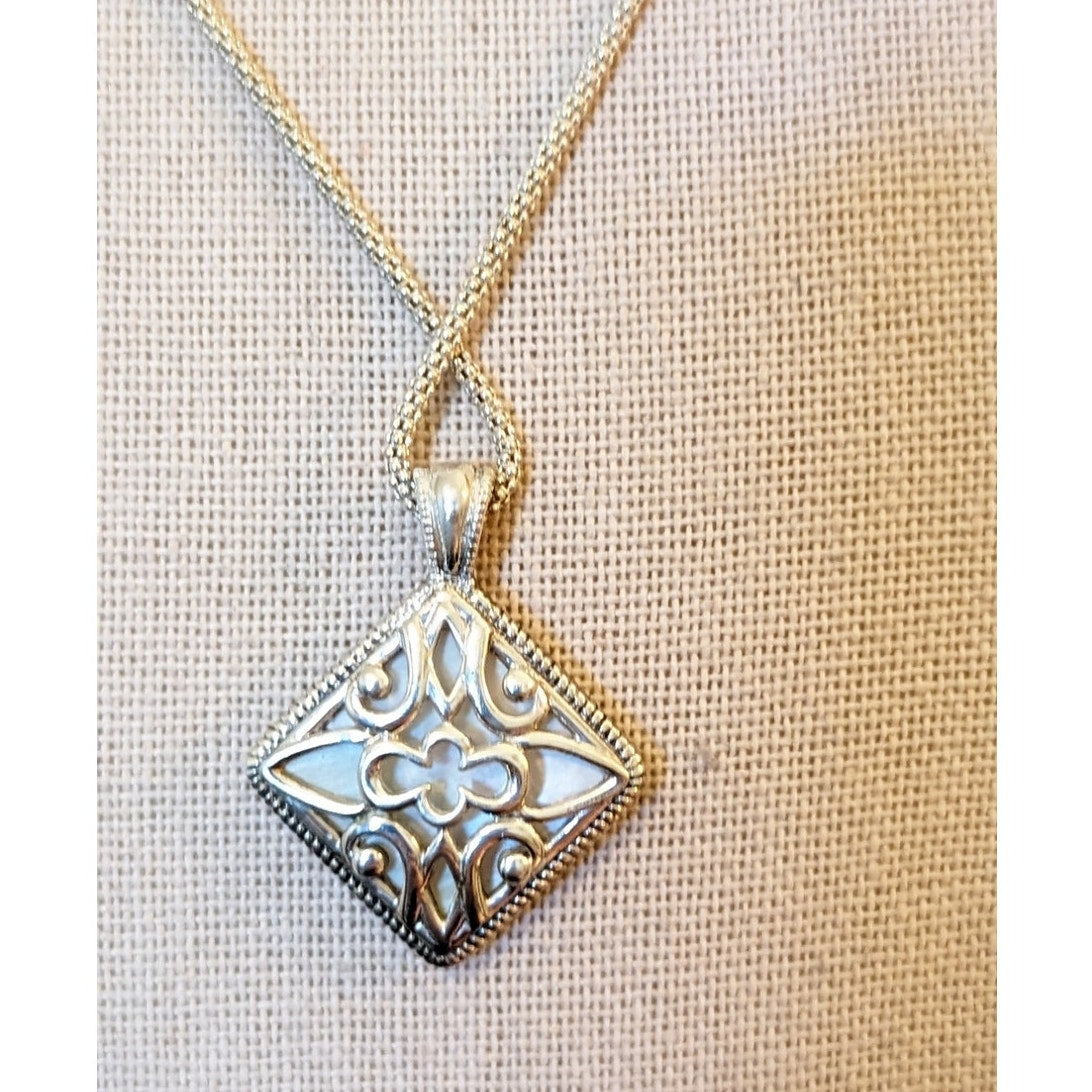 Sterling Silver Two-Sided Mother of Pearl Filigree Pendant Mesh Chain Necklace