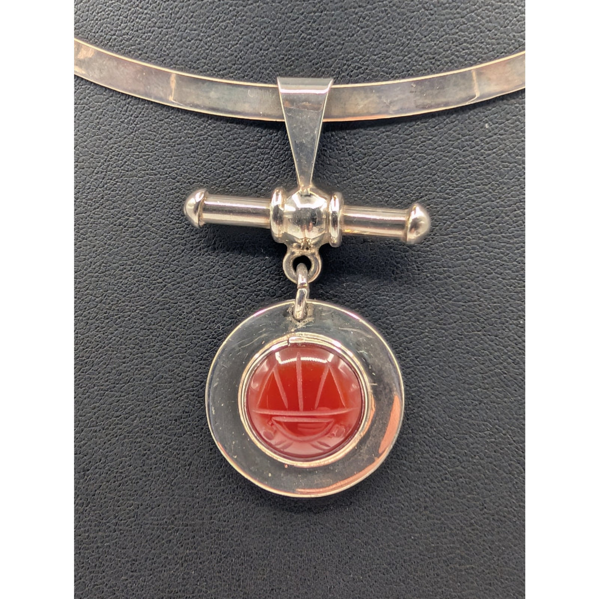 Heavy Silver Plated Marked CMN Carved Carnelian Pendant Torque Necklace