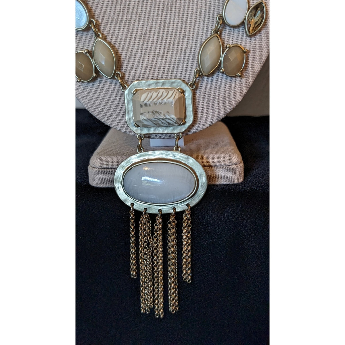 Vintage Signed Chico's Neutral Chunky Chain, Stone Fringe Statement Necklace