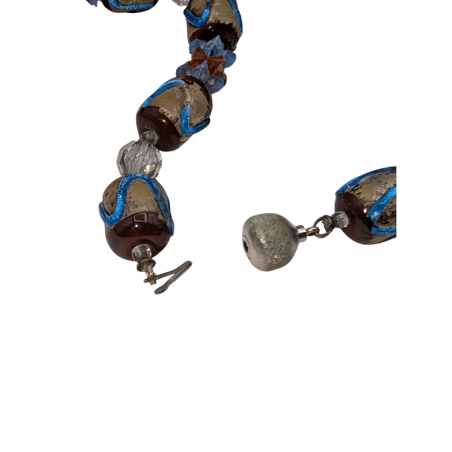 Vtg Brown & Electric Blue Japanese Foil Glass Bead Necklace & Clip Earring Set