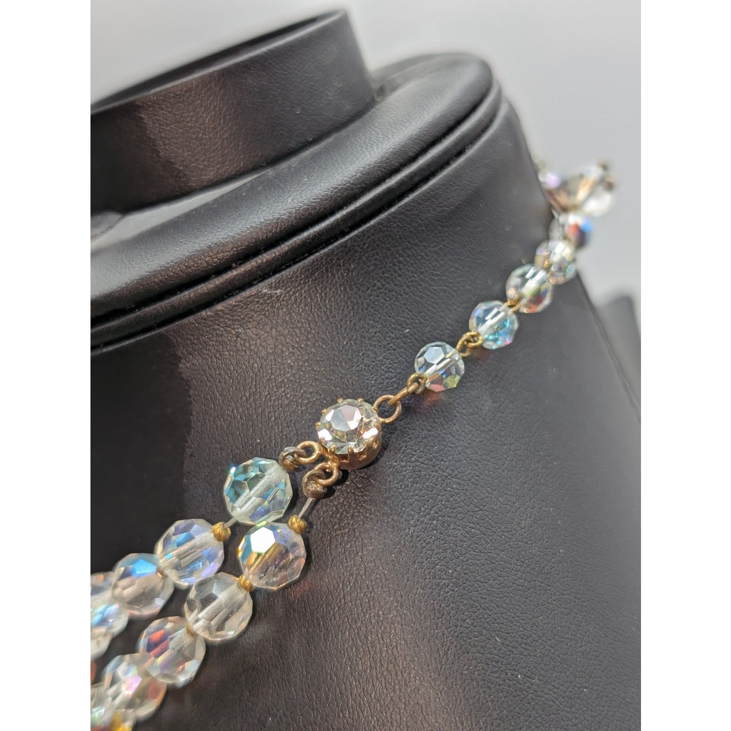 Vintage Double Strand Aurora Borealis Crystal Gold Bead  13"-15" Choker Necklace
