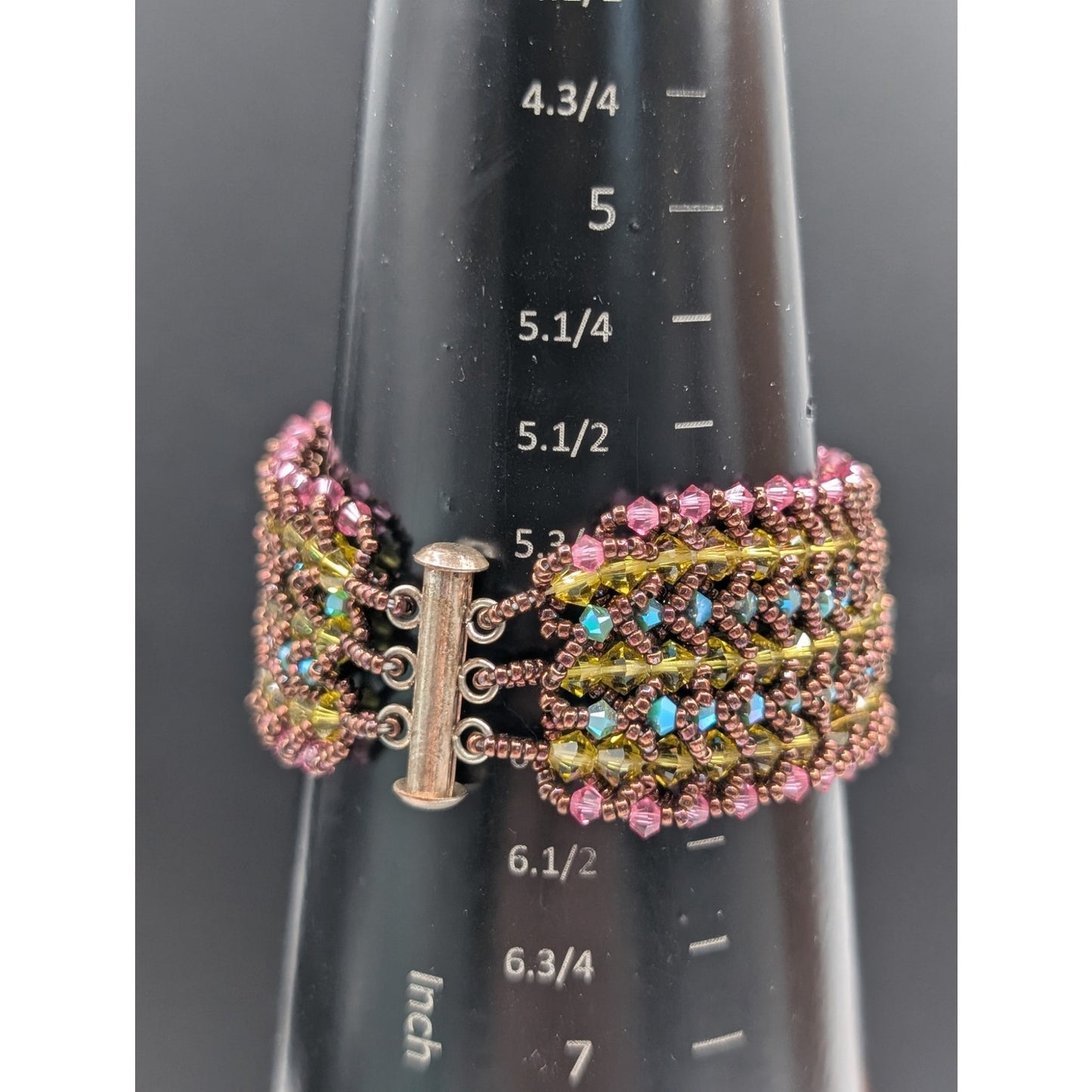 Hand Made Wide Woven Crystal Beaded Bracelet With Unique Slide In Barrel Clasp
