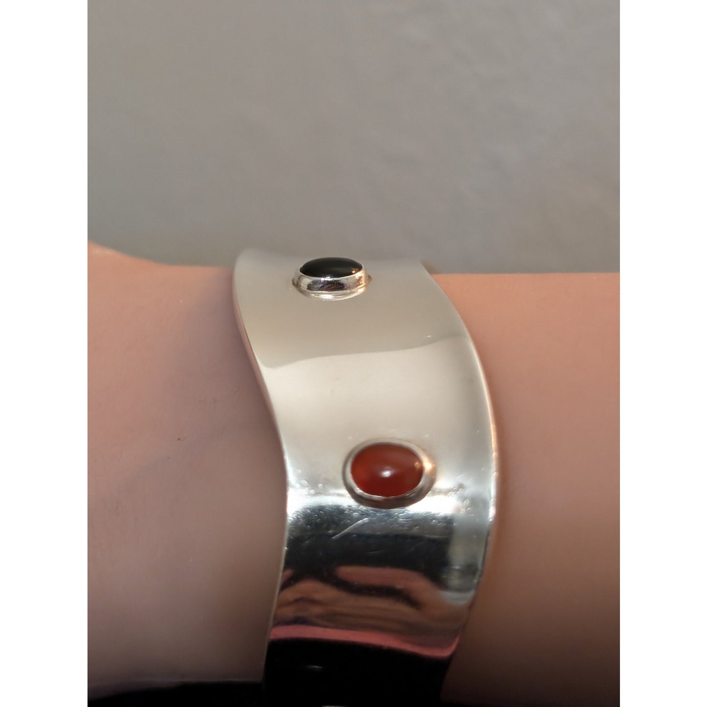 Multi-Stone Cabochon Curved Cuff Modernist Sterling Silver Mexico Bracelet