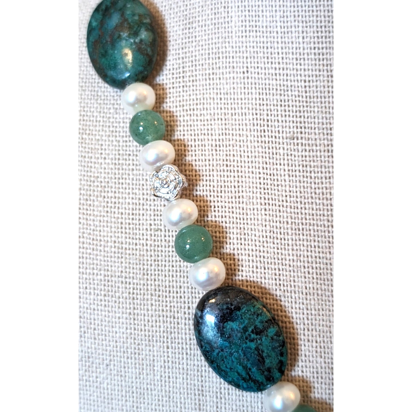 Crysocolla, Nephrite and Pearl Beaded Necklace W/ Magnetic Clasp Closure