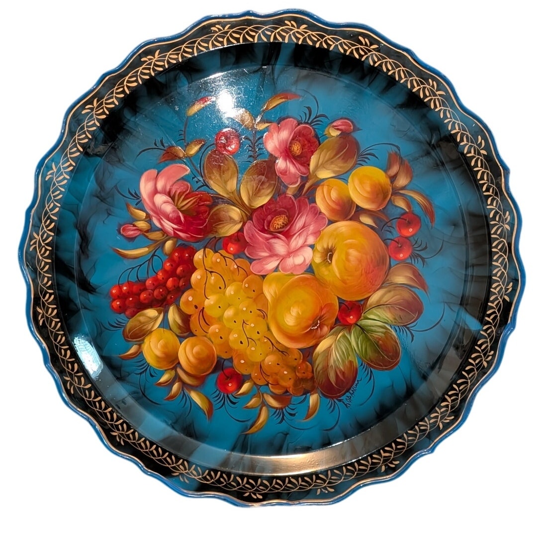 Vtg Hand Painted Zhostovo Metal Floral Signed Russian Folk Art Decorative Tray