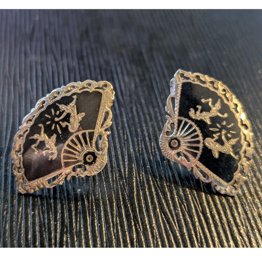 Vintage Siam Niello Sterling Silver Black Enamel Fan Screw Back Earrings