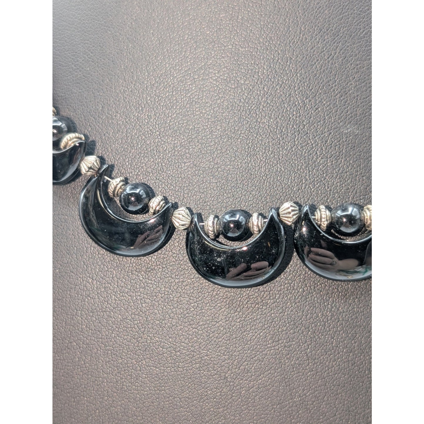 Vintage Black Onyx or Tourmaline Moon Shape Bead Silver Tone 17"-19" Necklace