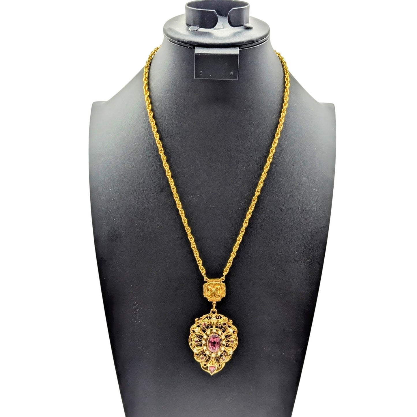 VTG 60's Gold Tone Faux Pearl Amethyst Color Rhinestone Pendant 22" Necklace