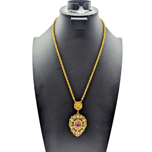 VTG 60's Gold Tone Faux Pearl Amethyst Color Rhinestone Pendant 22" Necklace