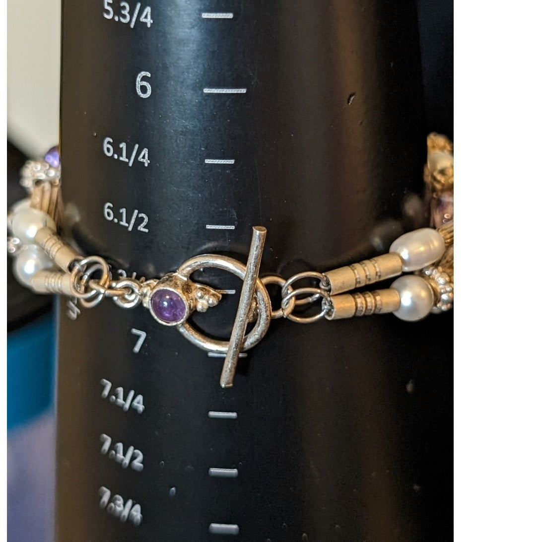 Sterling Rice Pearl Heart Shaped Freshwater Coin Pearls Amethyst Charm Bracelet