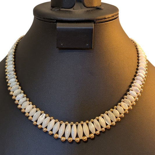 Vintage 18" Elongated MOP & Gold Tone Beaded Necklace Screw Clasp