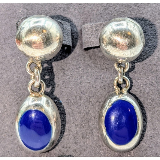 VTG Taxco Mexico Sterling Silver Lapis Lazuli Inlay 1.5" Long Dangle Earrings