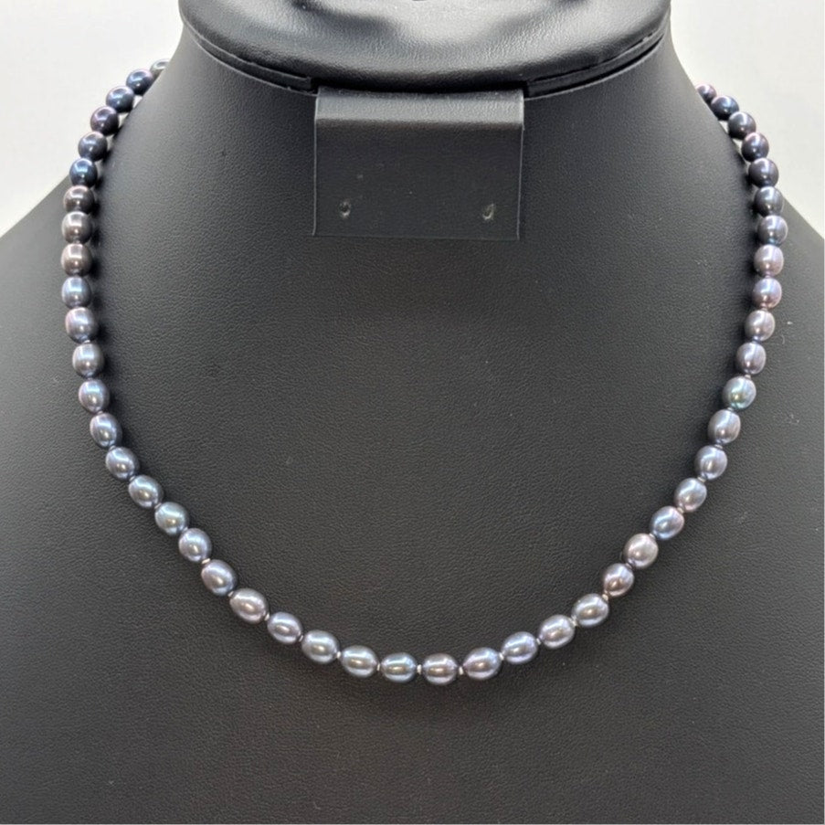 Purple Genuine Freshwater Pearl Knotted Bead 925 Sterling Silver 17.5" Necklace