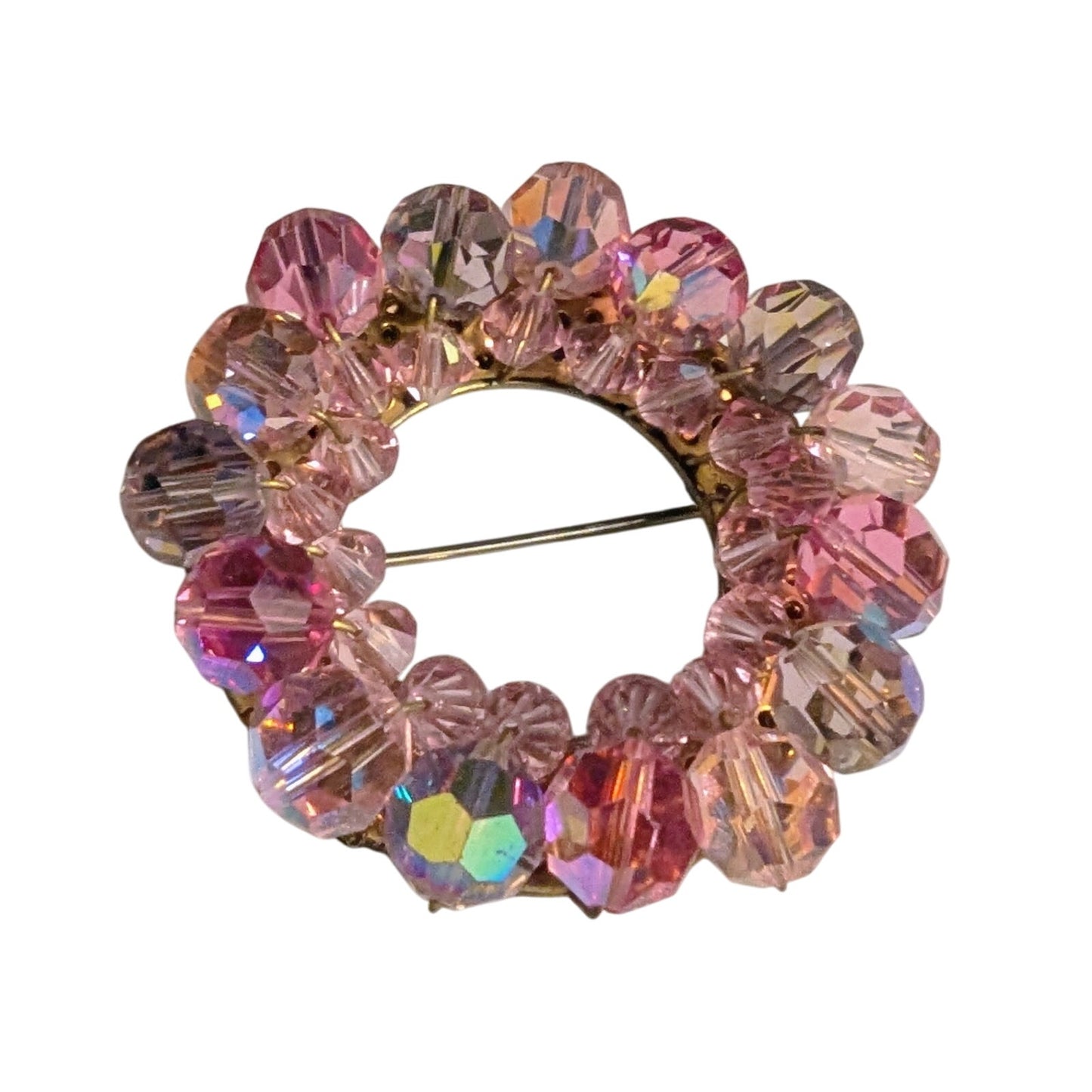 Vintage 1960s Shades of Pink Crystal Beaded Circular Wreath Brooch