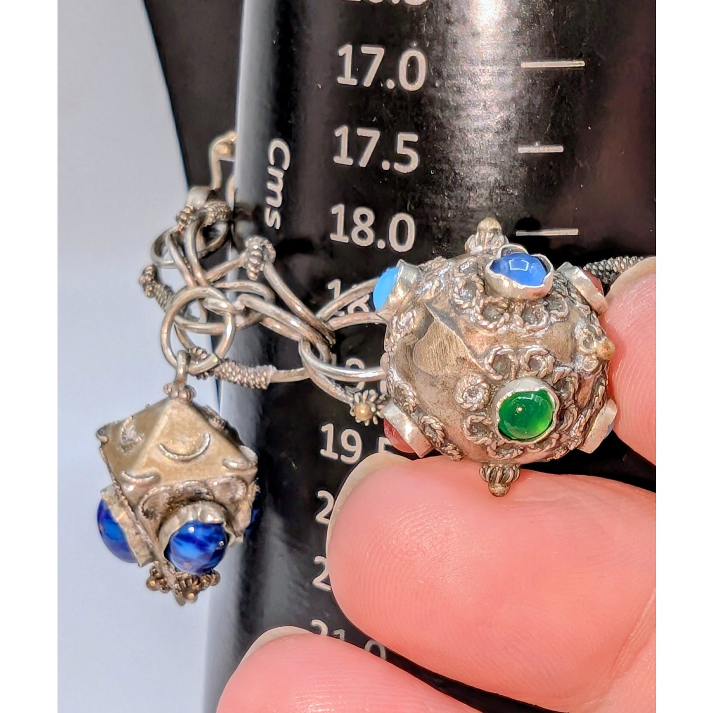 Antique Etruscan Revival 800 Silver Ornate Multi-Stone Charm Fob Bracelet