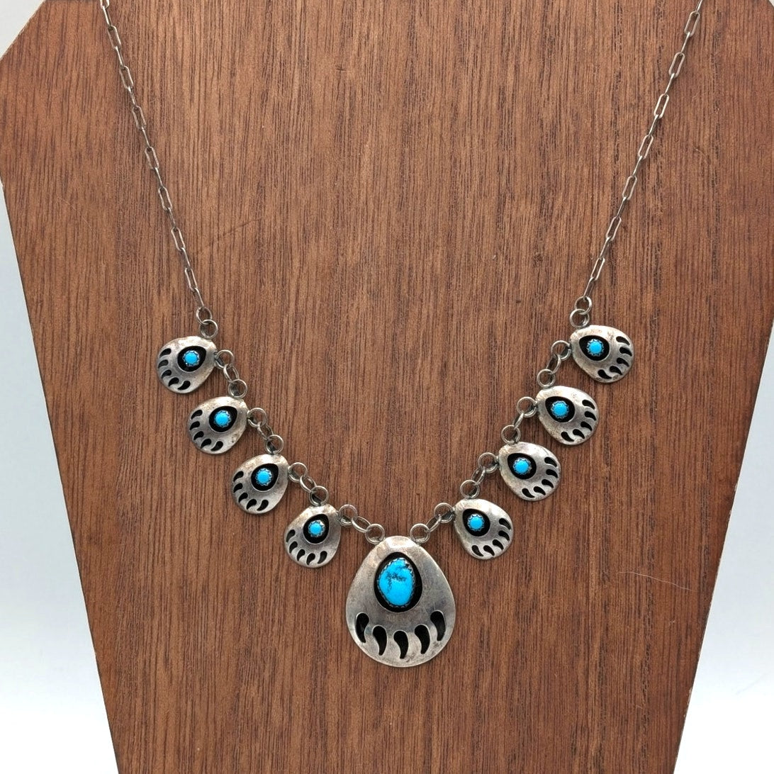 Vintage Navajo Signed SJ Sterling Silver Turquoise Bear Claw Chain 19" Necklace
