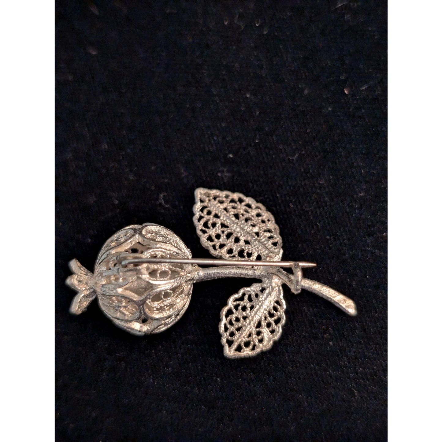 Vintage 1930 Filigree Poppy Ruby Rhinestone Silver Tone Tone Brooch