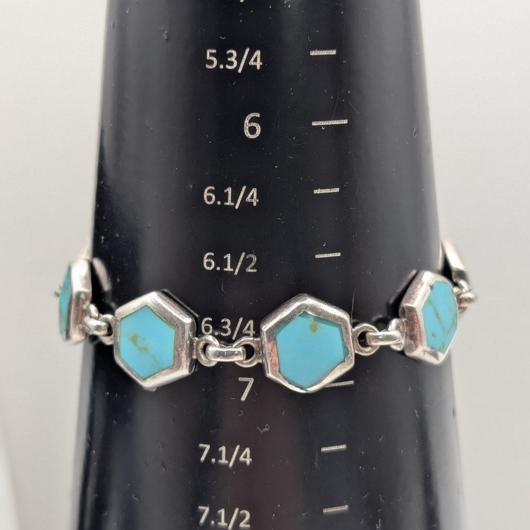 Vintage 925 Sterling Silver Hand Set Turquoise Inlay Station Chain Bracelet
