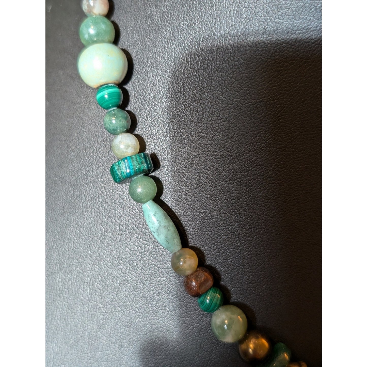Green Stone Glass Bead Necklace W/ Carved Mint Green Center Bead
