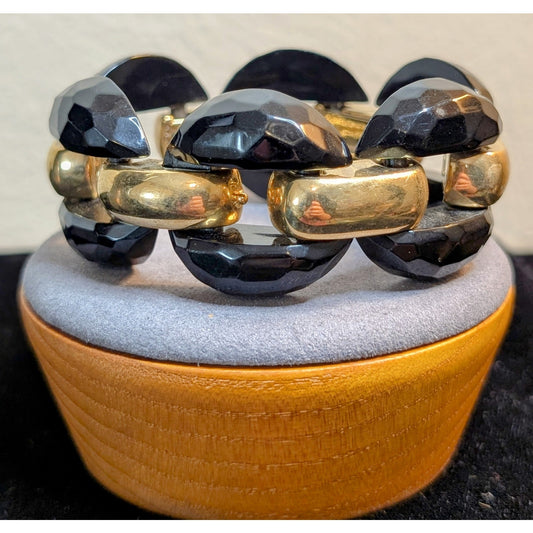 Vintage Italian Chunky Faceted Black Lucite Gold Tone Chain Link Bracelet