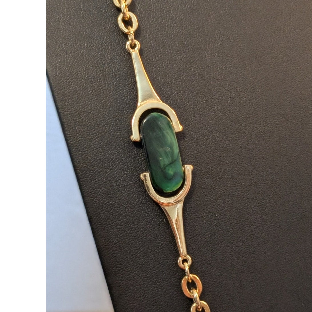 Vintage Gold Tone Chain W/ Green Acrylic Bead Articulated Station Long Necklace