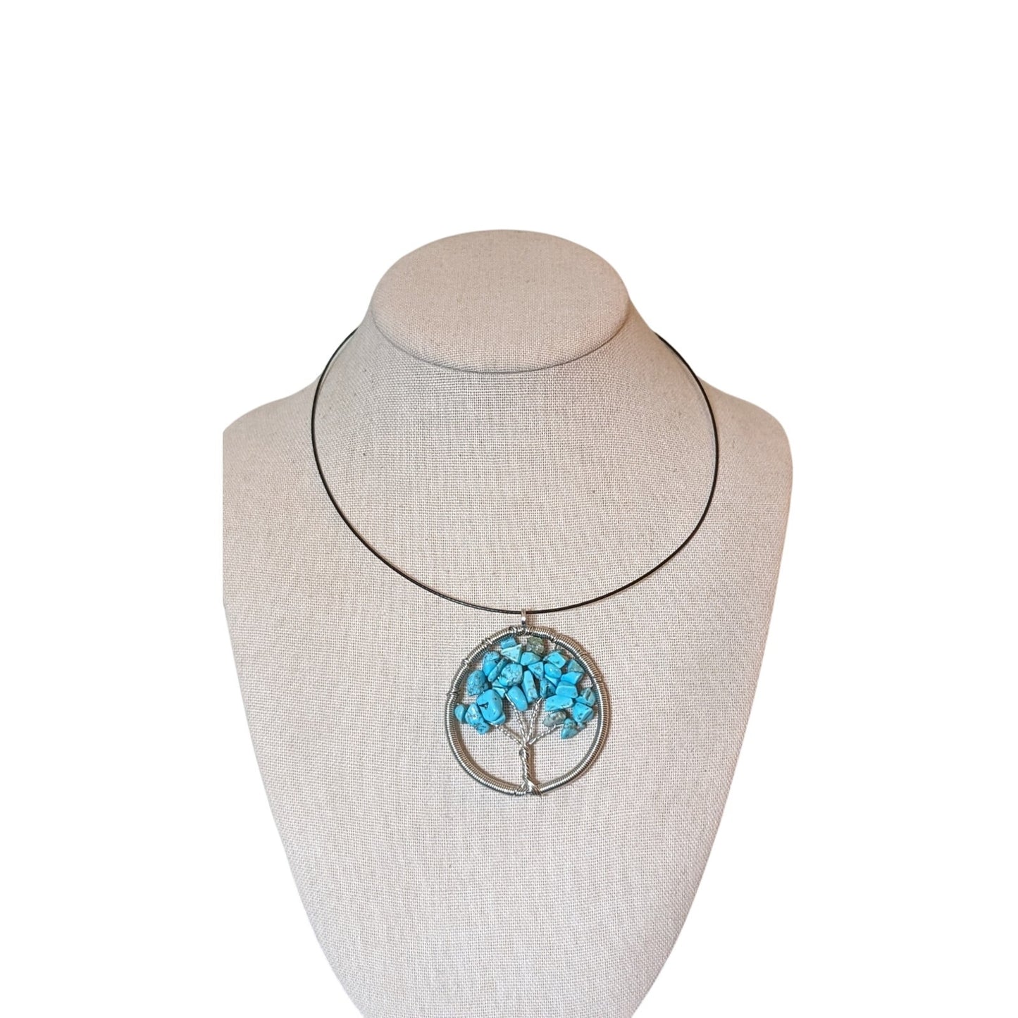 Blue Stone Chip Wire Wrapped Pendant Tree of Life on Black Choker Cable