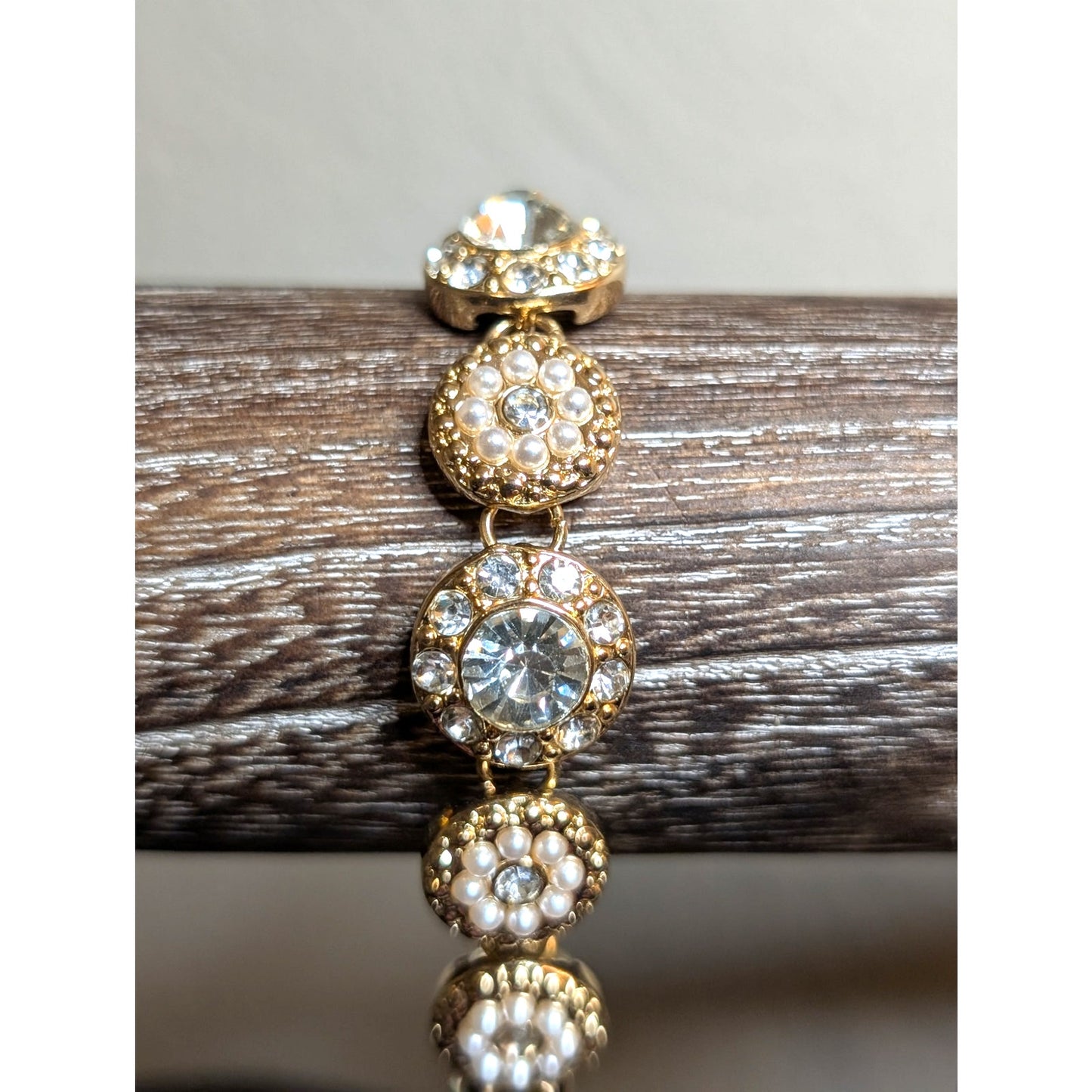 Signed Napier Gold Tone Faux Pearl Rhinestone Bracelet