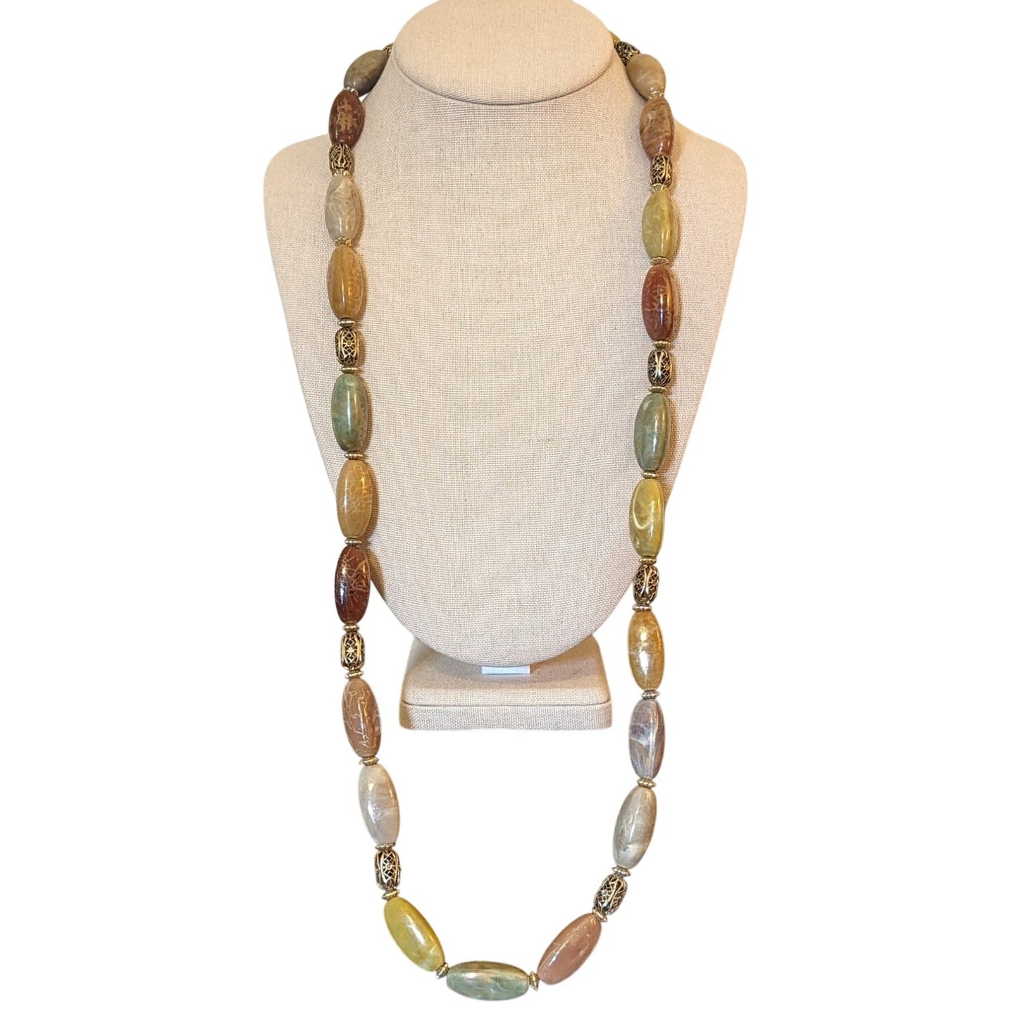 Vintage Earthtone Elongated Acrylic Bead Filigree Spacer Bead 34" Necklace