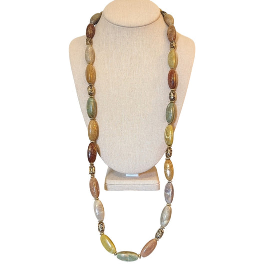 Vintage Earthtone Elongated Acrylic Bead Filigree Spacer Bead 34" Necklace