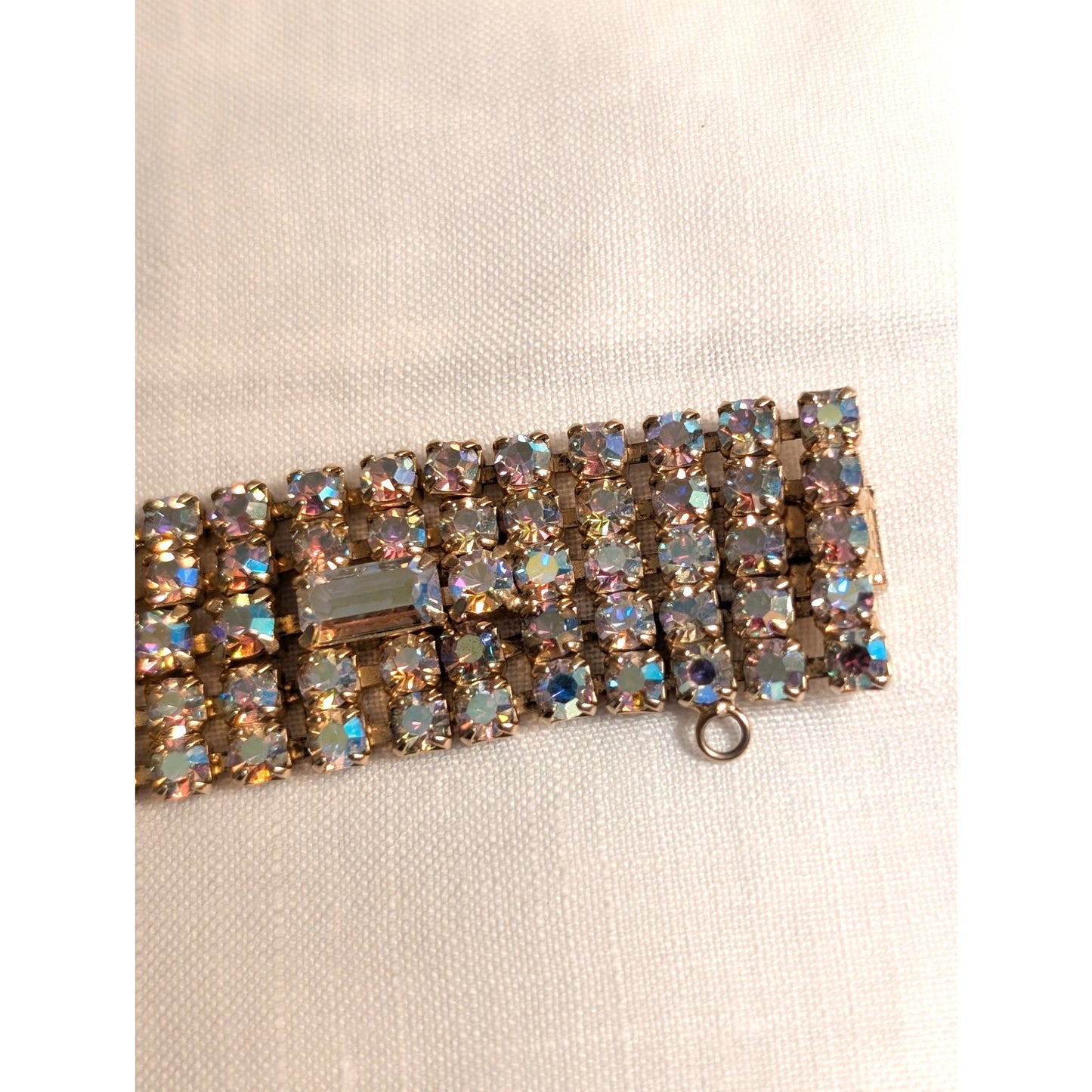 Vintage 1960s Unsigned Aurora Borealis Crystal Gold Tone Wide Bracelet W/ Safety