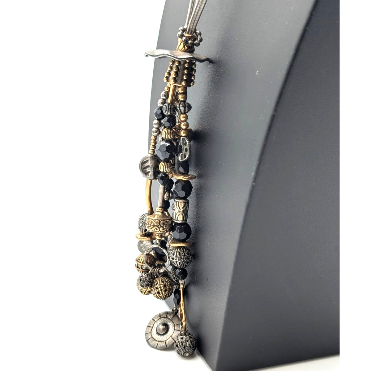 Industrial Three Cable Multi-Beaded Gold Silver Multi-Strand Tassel 24" Necklace