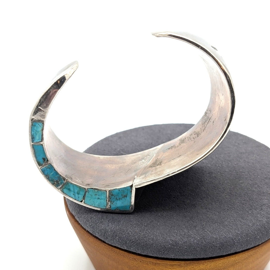 Estate Piece VTG American Navajo Top Bottom Side Inlay Turquoise Sterling Cuff