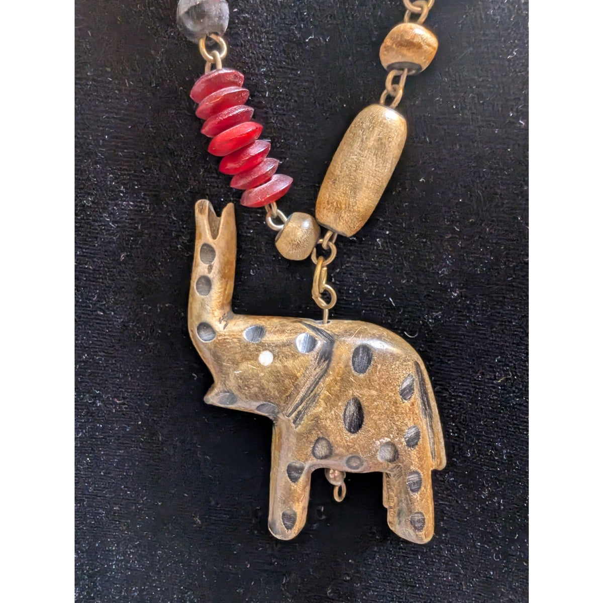 Vintage Tribal Carved Wood Elephant & Wood Bead 40" Necklace