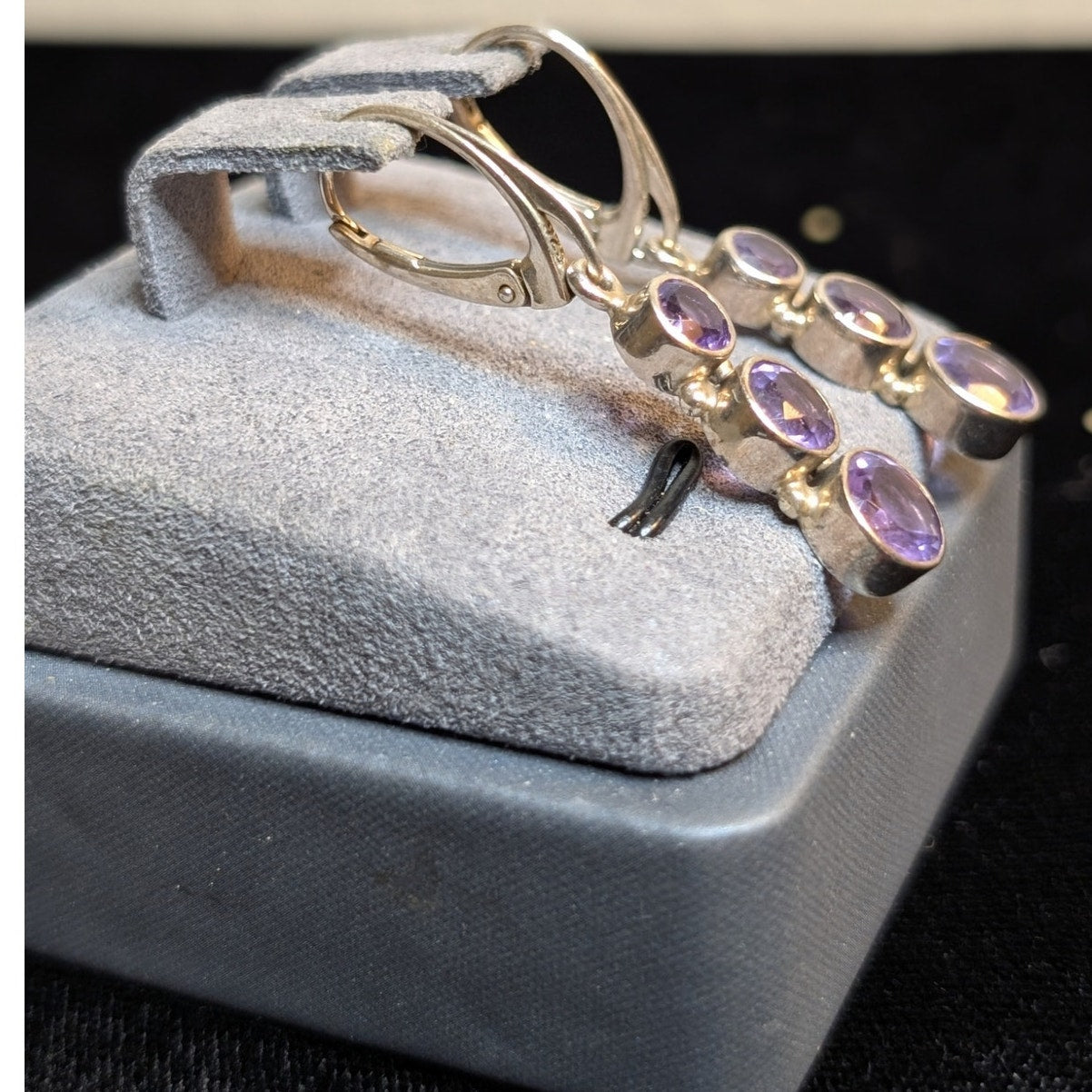 Three Round Graduated Bezel Set Amethyst Gemstone Sterling Lever Back Earrings