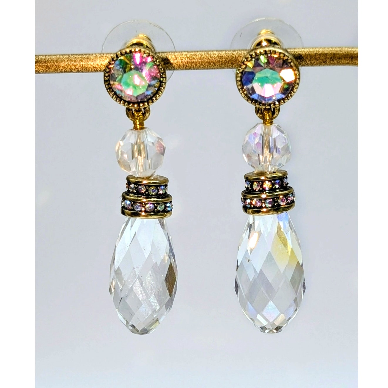 Heidi Daus Faceted Crystal Briolette AB Crystal Post Dangle Earrings