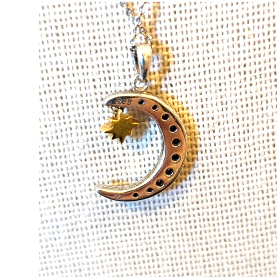 925 Sterling Silver Diamond Crescent Moon 10k Gold Star Pendant 20" Necklace