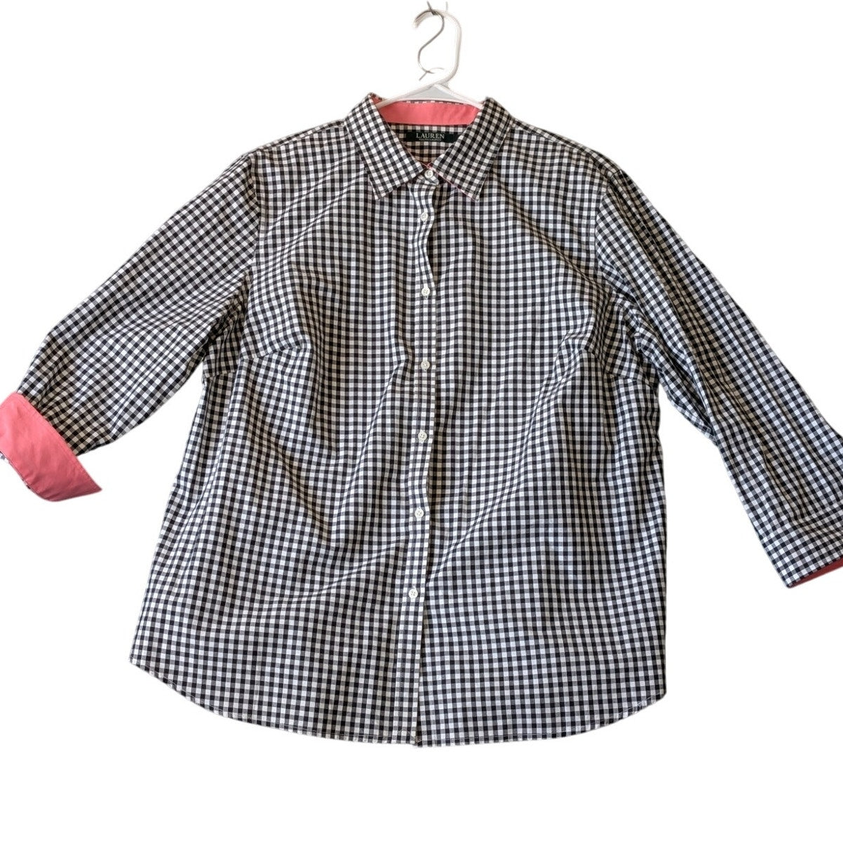 Lauren Ralph Lauren Black White Gingham Check Pink Accent Button Shirt Sz 2X