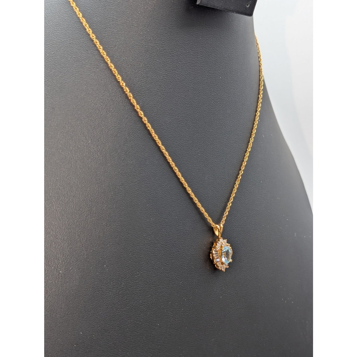 Gold Tone Light Blue Glass & Round & Baguette CZ Pendant 18" Chain Necklace